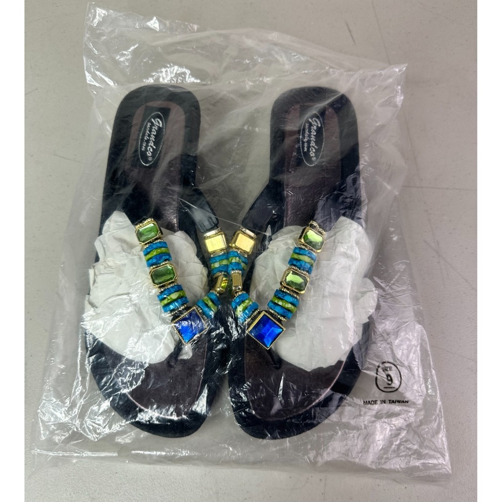 NEW Grandco Sandals Dressy Beach Pool Thong Black Bling Gemstome Jeweled Wedge 9